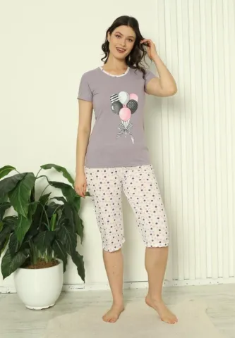 Pijama damă bumbac, tricou mâneci + pantaloni 3/4, imprimeu colorat baloane, mov