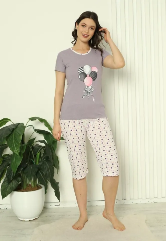 Pijama damă bumbac, tricou mâneci + pantaloni 3/4, imprimeu colorat baloane, mov