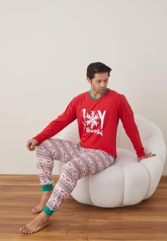 Pijama Craciun Barbat rosu maneca lunga pantaloni lungi Joy hover