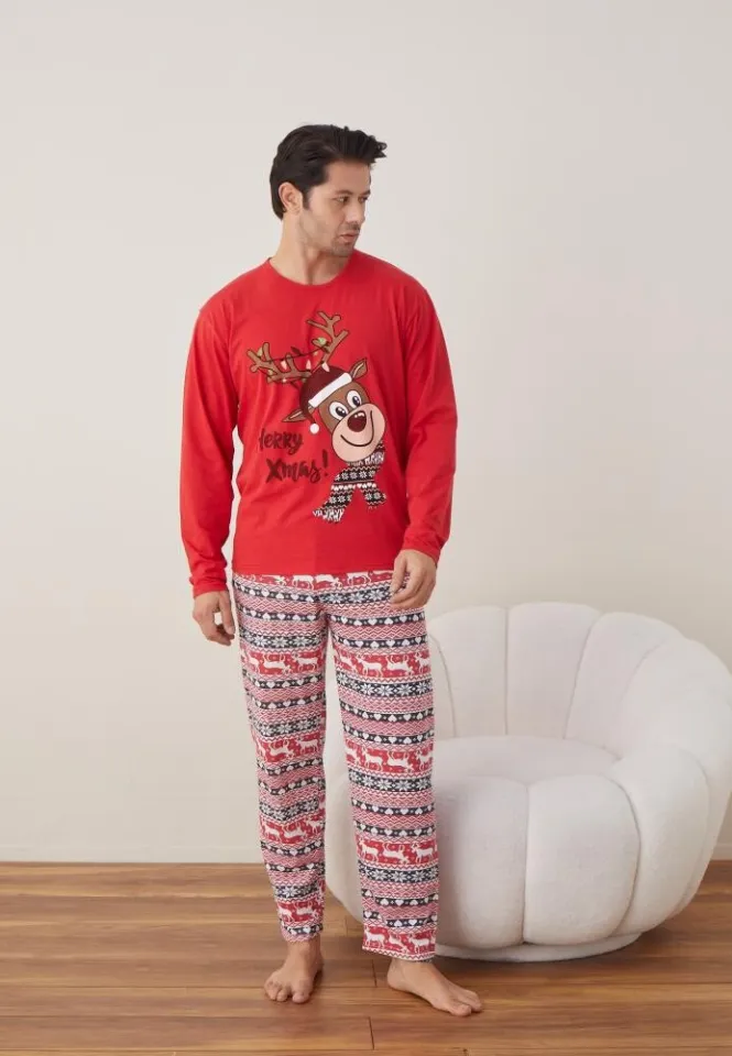Pijama Craciun Barbat Rosu Maneca Lunga Pantaloni Lungi,Herry Xmas