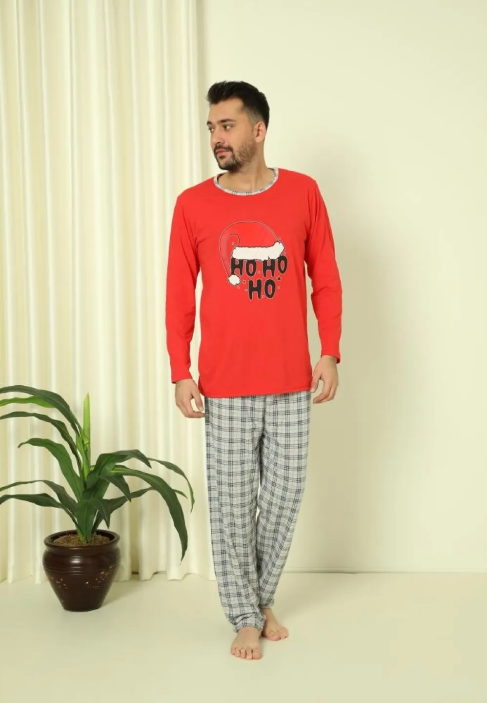 Pijama Craciun Barbat Rosu Maneca Lunga Pantaloni Lungi, HO HO HO - 4