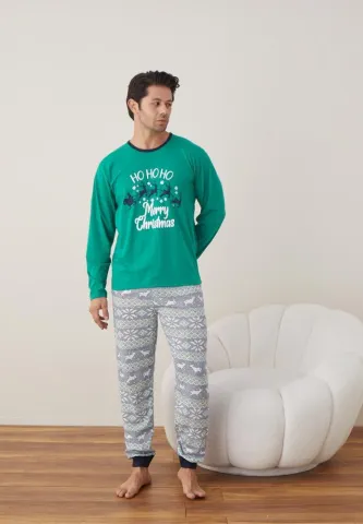Pijama Craciun Barbat Verde Maneca Lunga Pantaloni Lungi, Merry Christmas