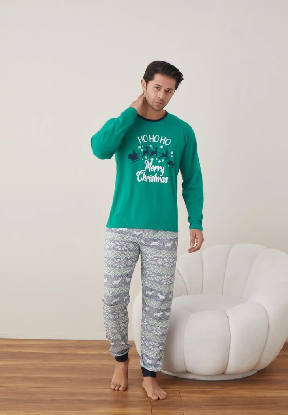 Pijama Craciun Barbat Verde Maneca Lunga Pantaloni Lungi, Merry Christmas - 3