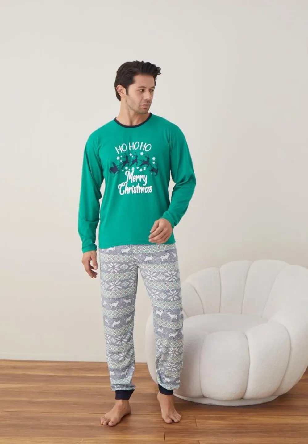 Pijama Craciun Barbat Verde Maneca Lunga Pantaloni Lungi, Merry Christmas - 4