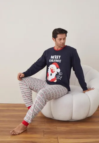 Pijama Craciun Barbat Pantaloni Lungi Maneca Lunga Bleumarin,Merry Christmas hover
