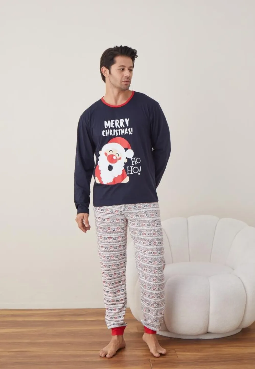 Pijama Craciun Barbat Bleumarin Maneca Lunga Pantaloni Lungi, Merry Christmas - 3