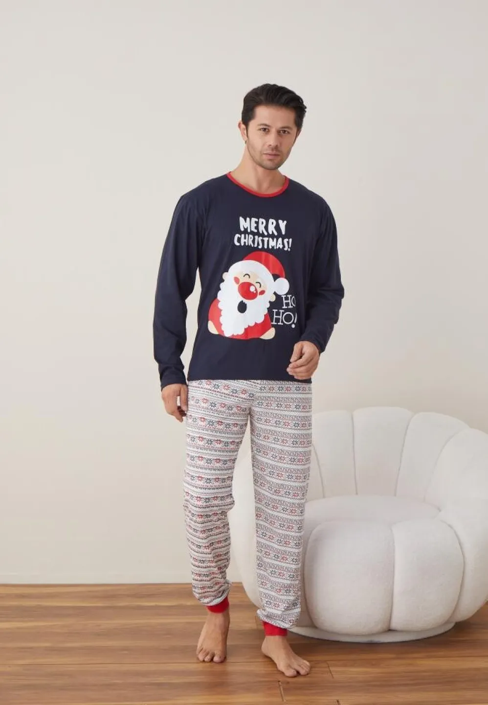Pijama Craciun Barbat Bleumarin Maneca Lunga Pantaloni Lungi, Merry Christmas - 4