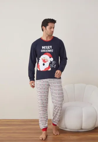 Pijama Craciun Barbat Pantaloni Lungi Maneca Lunga Bleumarin,Merry Christmas