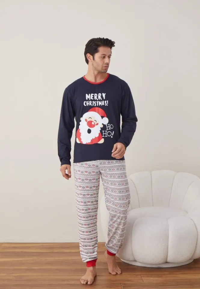 Pijama Craciun Barbat Bleumarin Maneca Lunga Pantaloni Lungi, Merry Christmas