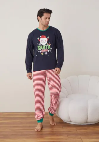 Pijama Craciun Barbat Pantaloni Lungi Maneca Lunga Bleumarin,Santa Souad hover