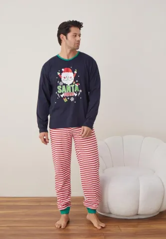Pijama Craciun Barbat Pantaloni Lungi Maneca Lunga Bleumarin,Santa Souad