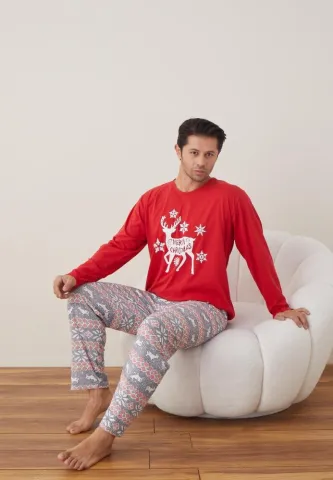 Pijama Craciun Barbat Pantaloni Lungi Maneca Lunga,Rosu,Merry Christmas hover