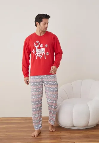 Pijama Craciun Barbat Pantaloni Lungi Maneca Lunga,Rosu,Merry Christmas