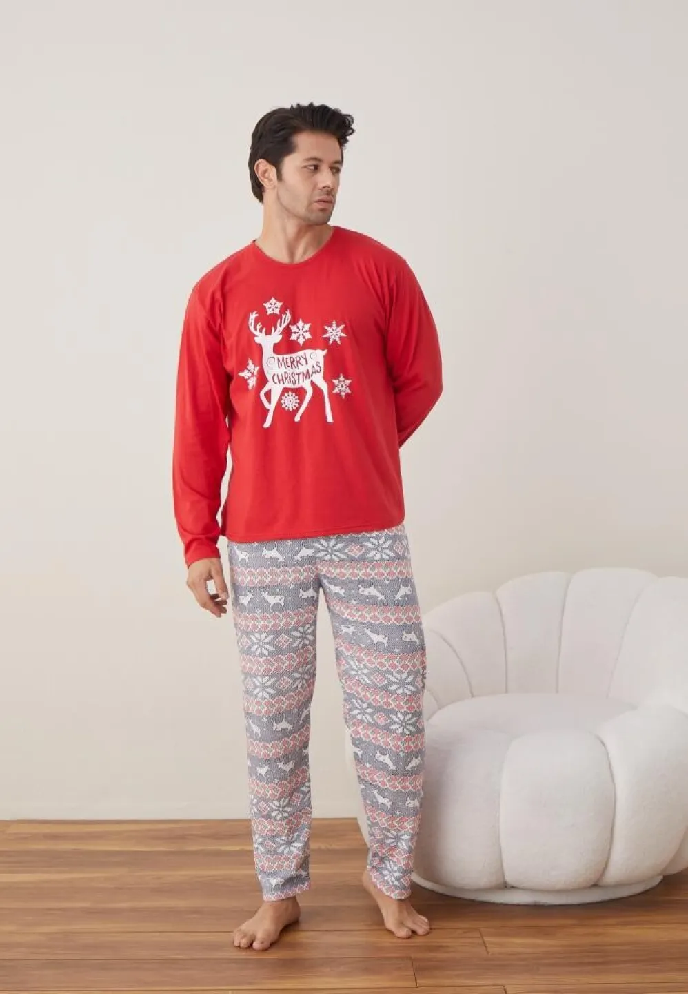 Pijama Craciun Barbat Rosu Pantaloni Lungi Maneca Lunga, Merry Christmas - 4