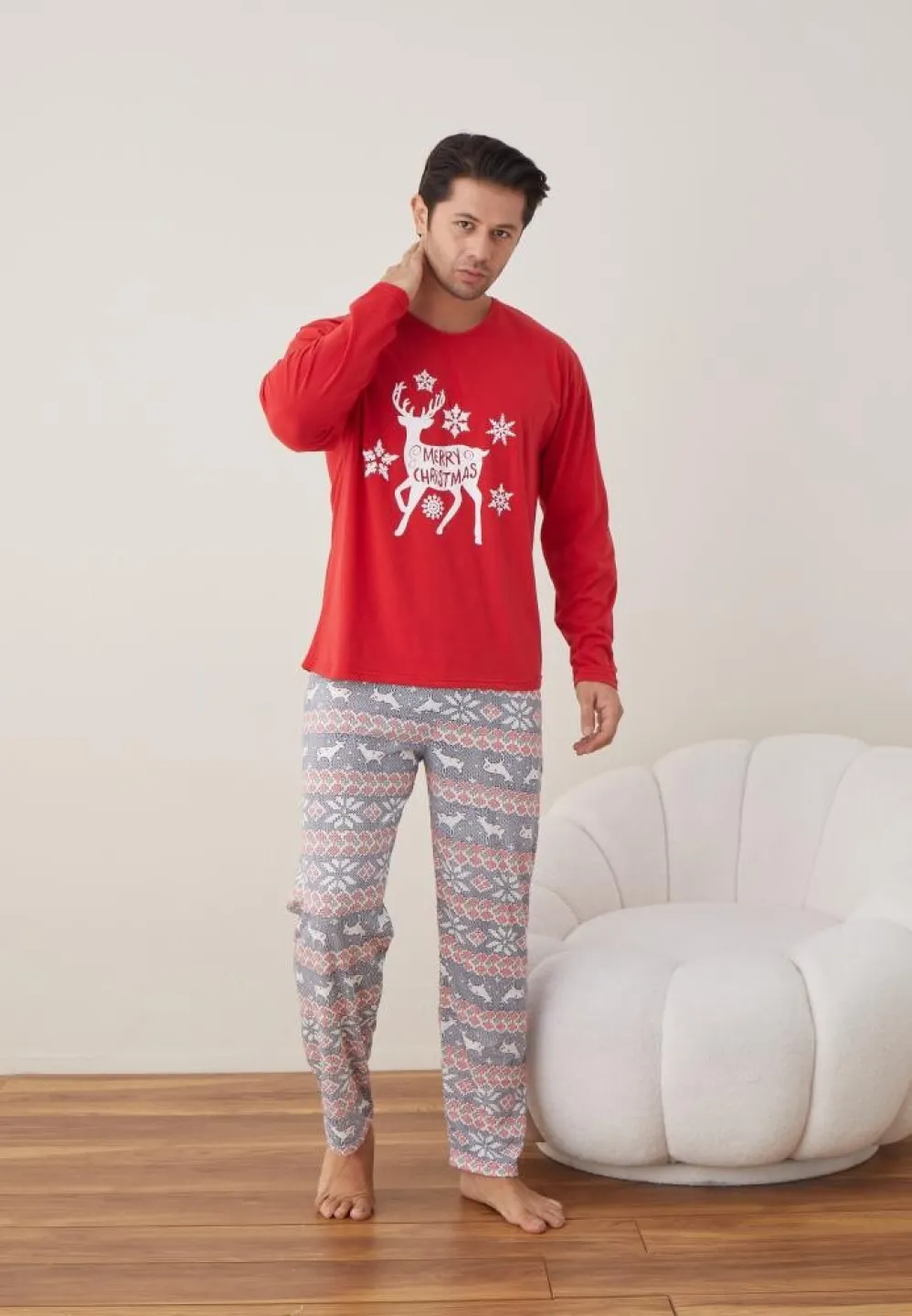 Pijama Craciun Barbat Rosu Pantaloni Lungi Maneca Lunga, Merry Christmas - 5
