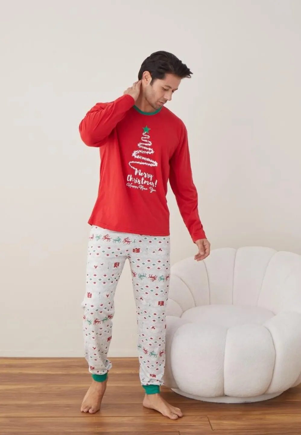 Pijama Craciun Barbat Rosu Pantaloni Lungi Maneca Lunga, Brad - 3