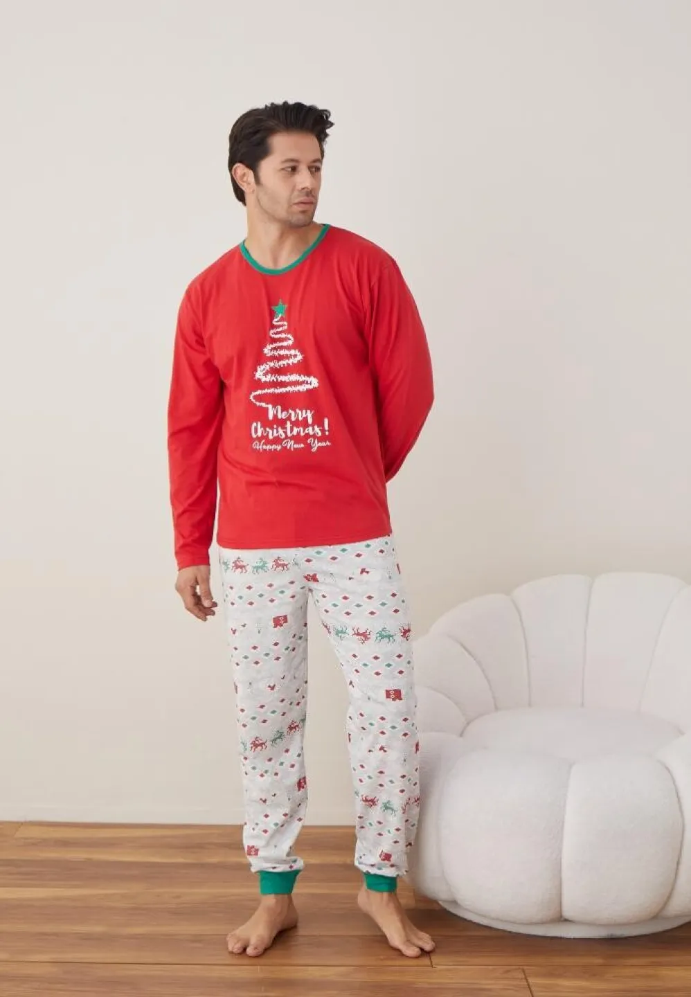Pijama Craciun Barbat Rosu Pantaloni Lungi Maneca Lunga, Brad - 1