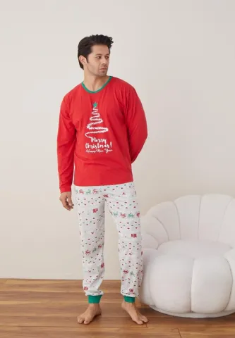 Pijama Craciun Barbat Rosu Pantaloni Lungi Maneca Lunga, Brad