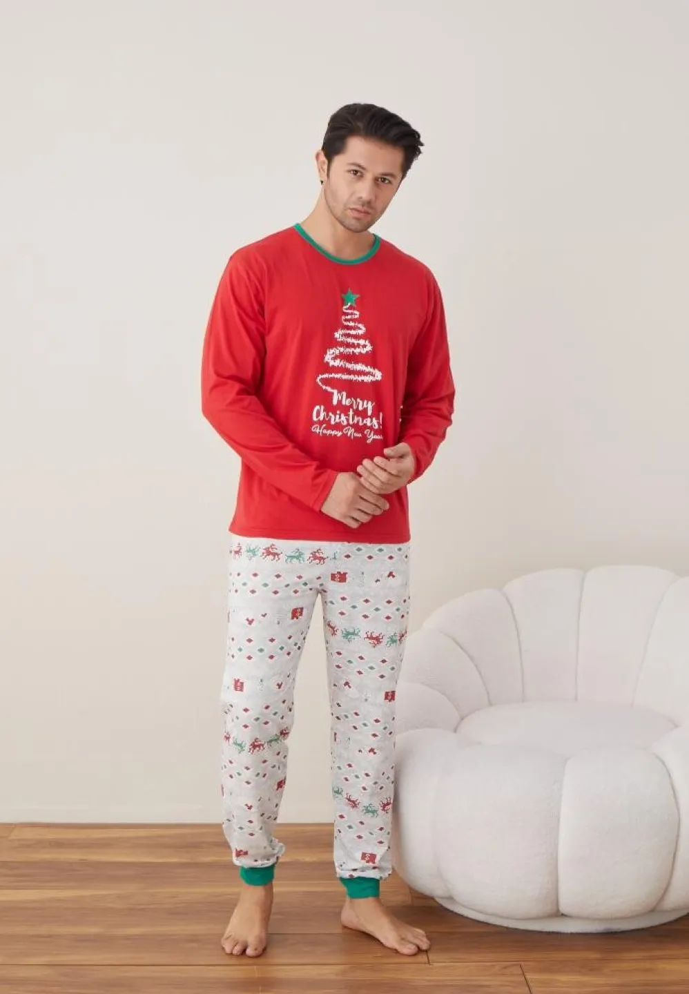 Pijama Craciun Barbat Rosu Pantaloni Lungi Maneca Lunga, Brad - 4