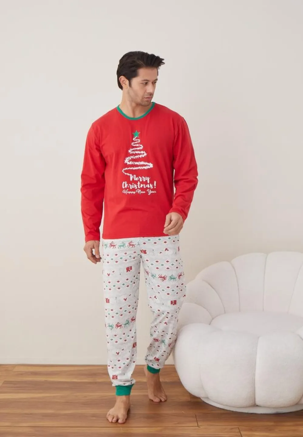 Pijama Craciun Barbat Rosu Pantaloni Lungi Maneca Lunga, Brad - 5