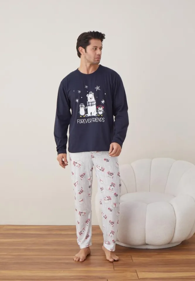 Pijama Craciun Barbat Bleumarin Pantaloni Lungi Maneca Lunga, Forever Friends