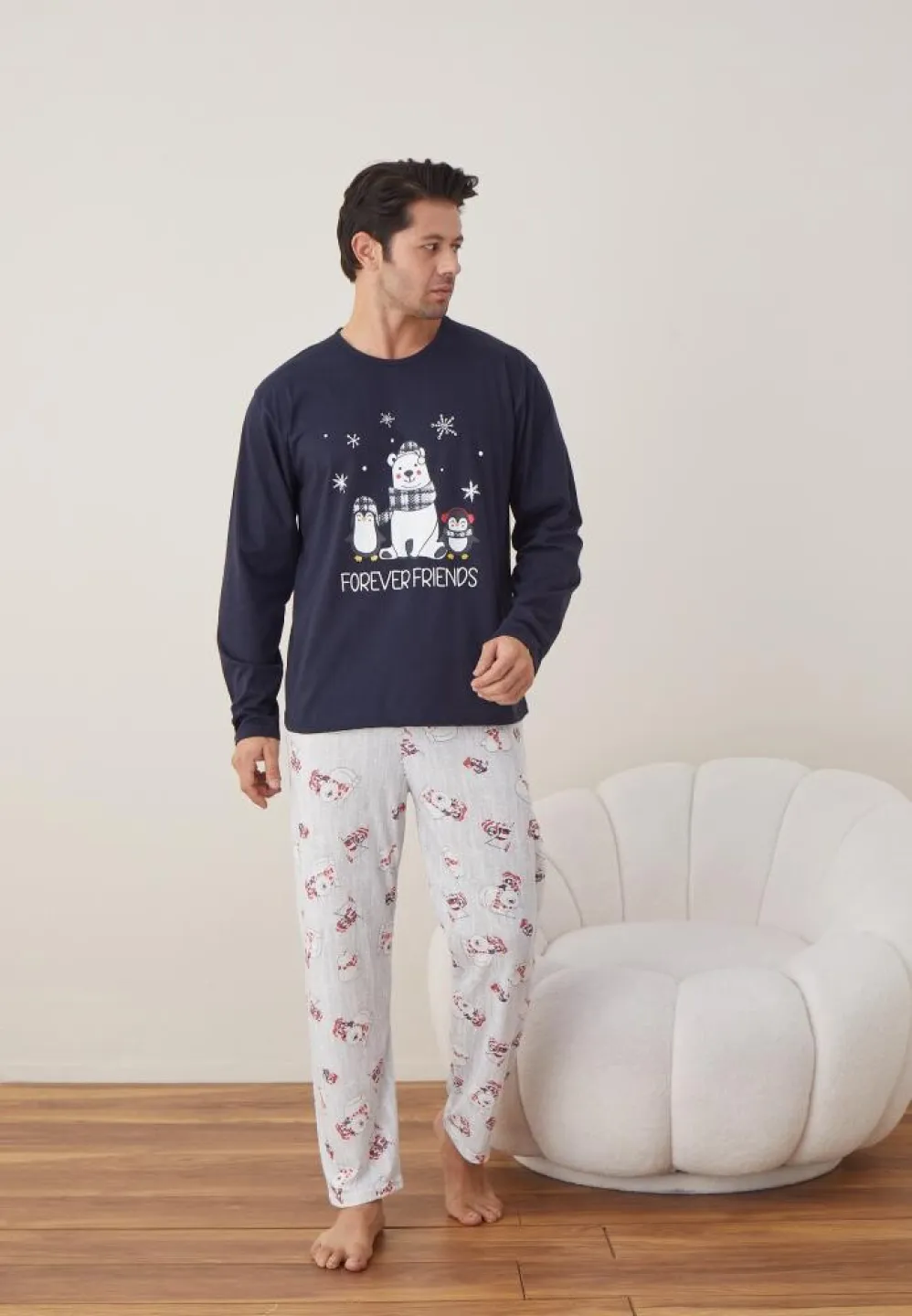 Pijama Craciun Barbat Bleumarin Pantaloni Lungi Maneca Lunga, Forever Friends - 3