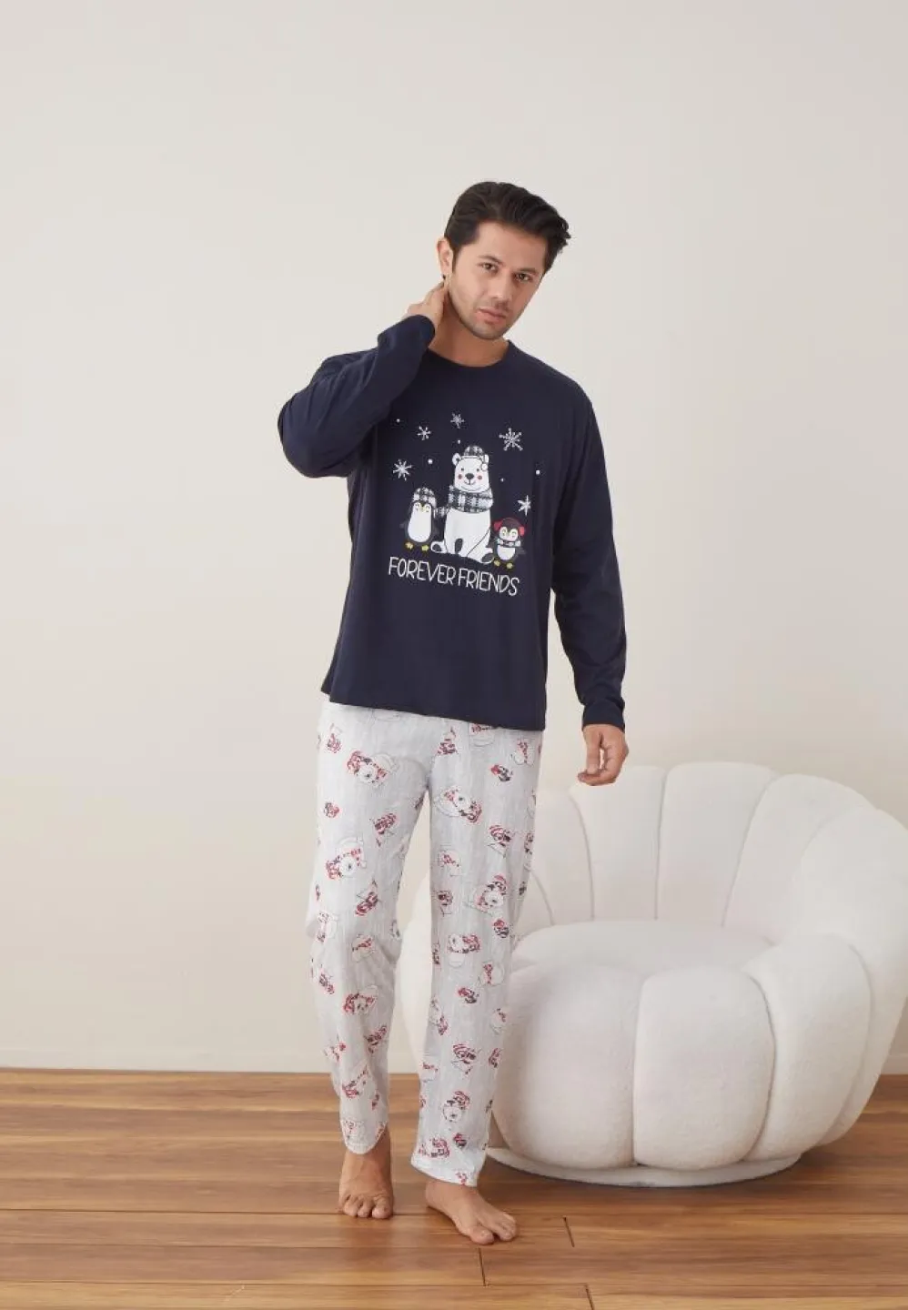 Pijama Craciun Barbat Bleumarin Pantaloni Lungi Maneca Lunga, Forever Friends - 5