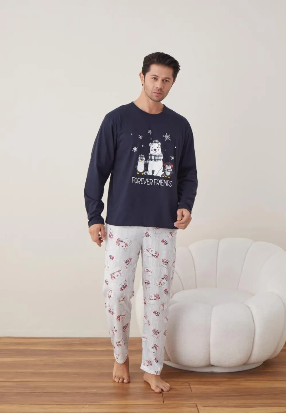 Pijama Craciun Barbat Bleumarin Pantaloni Lungi Maneca Lunga, Forever Friends - 6