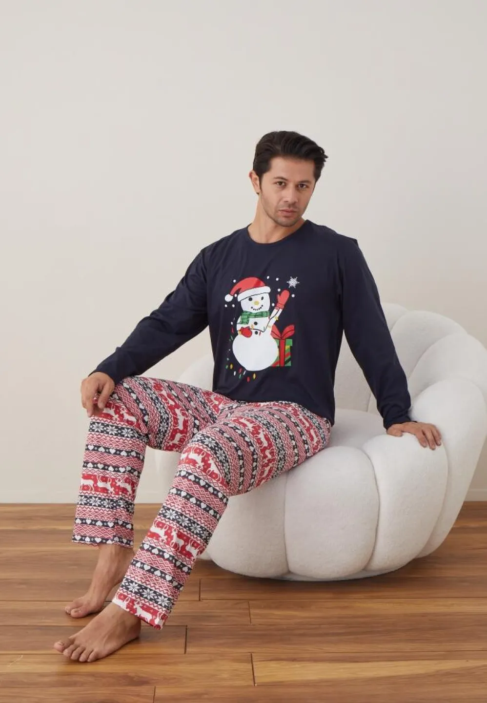Pijama Crăciun Bărbați, Mânecă Lungă, Pantaloni Lungi, Bleumarin, Om de Zăpadă - 2