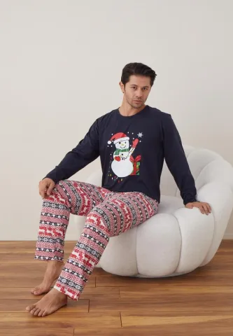 Pijama Crăciun Bărbați, Mânecă Lungă, Pantaloni Lungi, Bleumarin, Om de Zăpadă hover