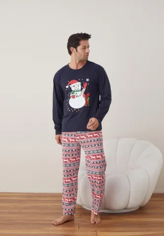 Pijama Crăciun Bărbați, Mânecă Lungă, Pantaloni Lungi, Bleumarin, Om de Zăpadă