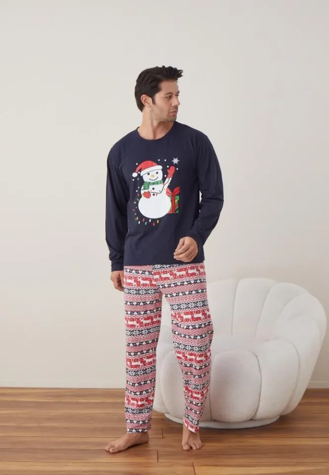 Pijama Crăciun Bărbați, Mânecă Lungă, Pantaloni Lungi, Bleumarin, Om de Zăpadă