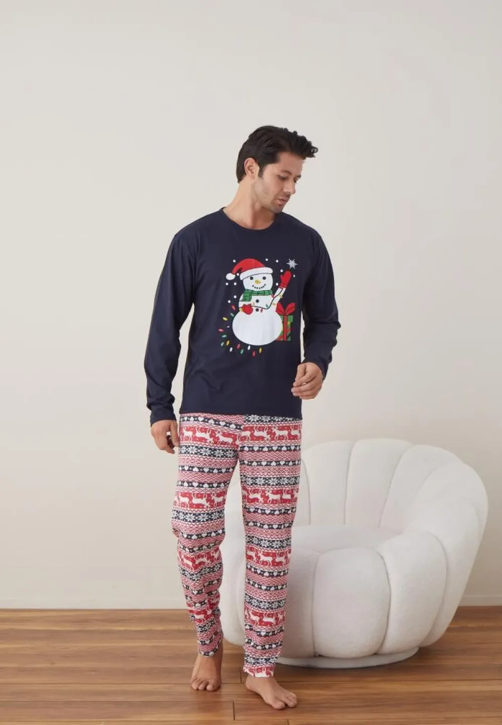 Pijama Crăciun Bărbați, Mânecă Lungă, Pantaloni Lungi, Bleumarin, Om de Zăpadă - 3