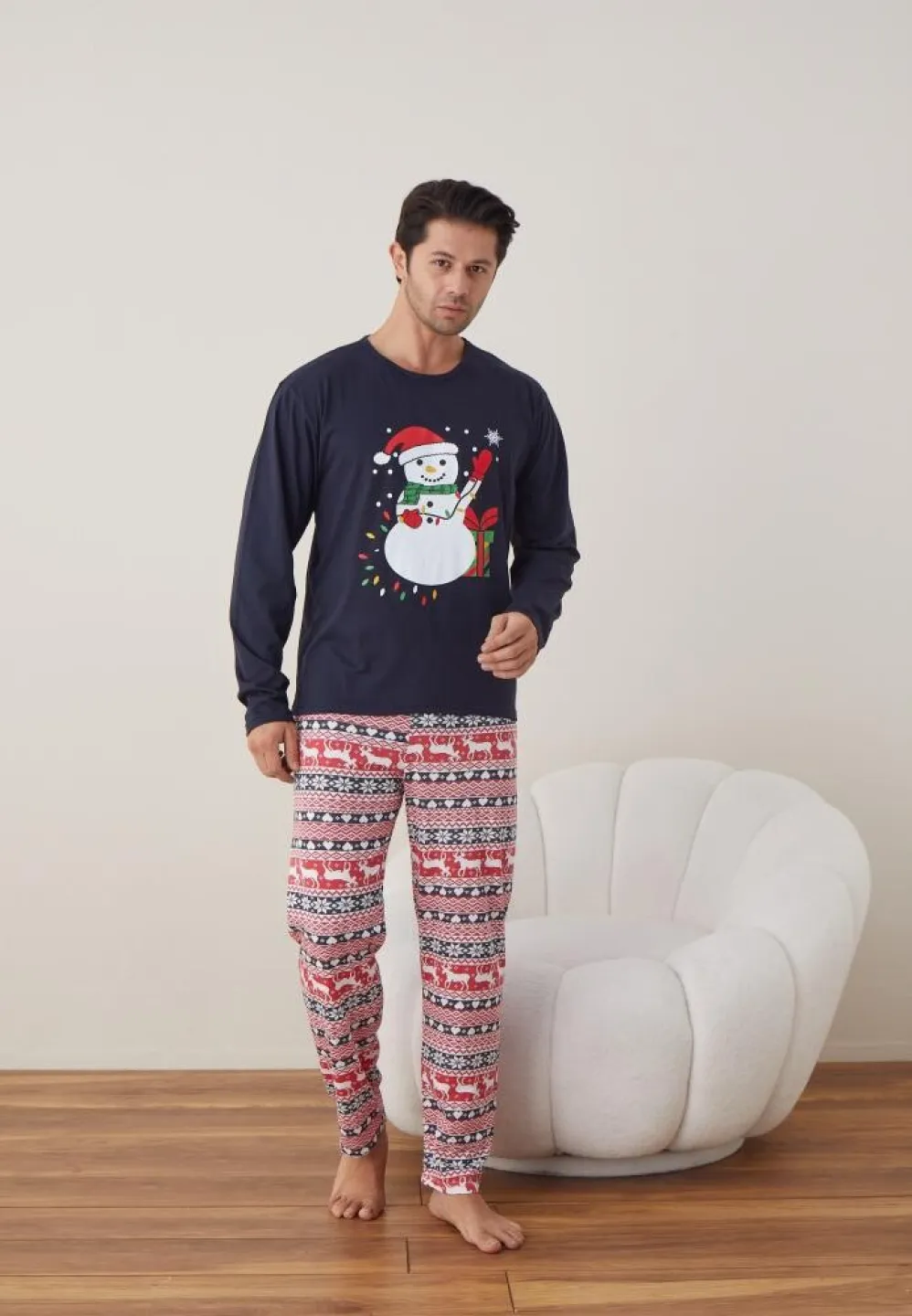 Pijama Crăciun Bărbați, Mânecă Lungă, Pantaloni Lungi, Bleumarin, Om de Zăpadă - 4