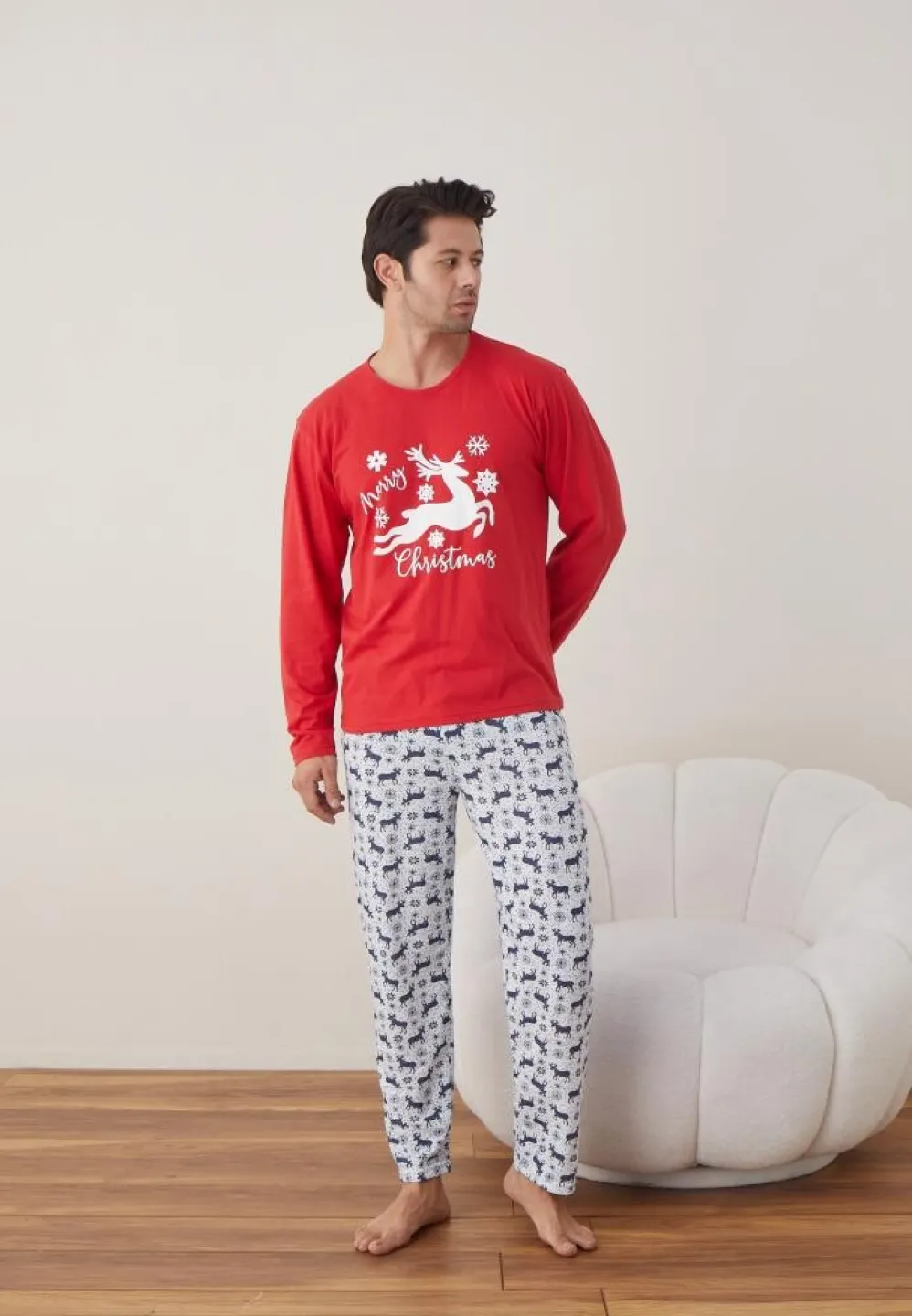 Pijama Crăciun Bărbați, Mânecă Lungă, Pantaloni Lungi, Roșu, Ren - 3