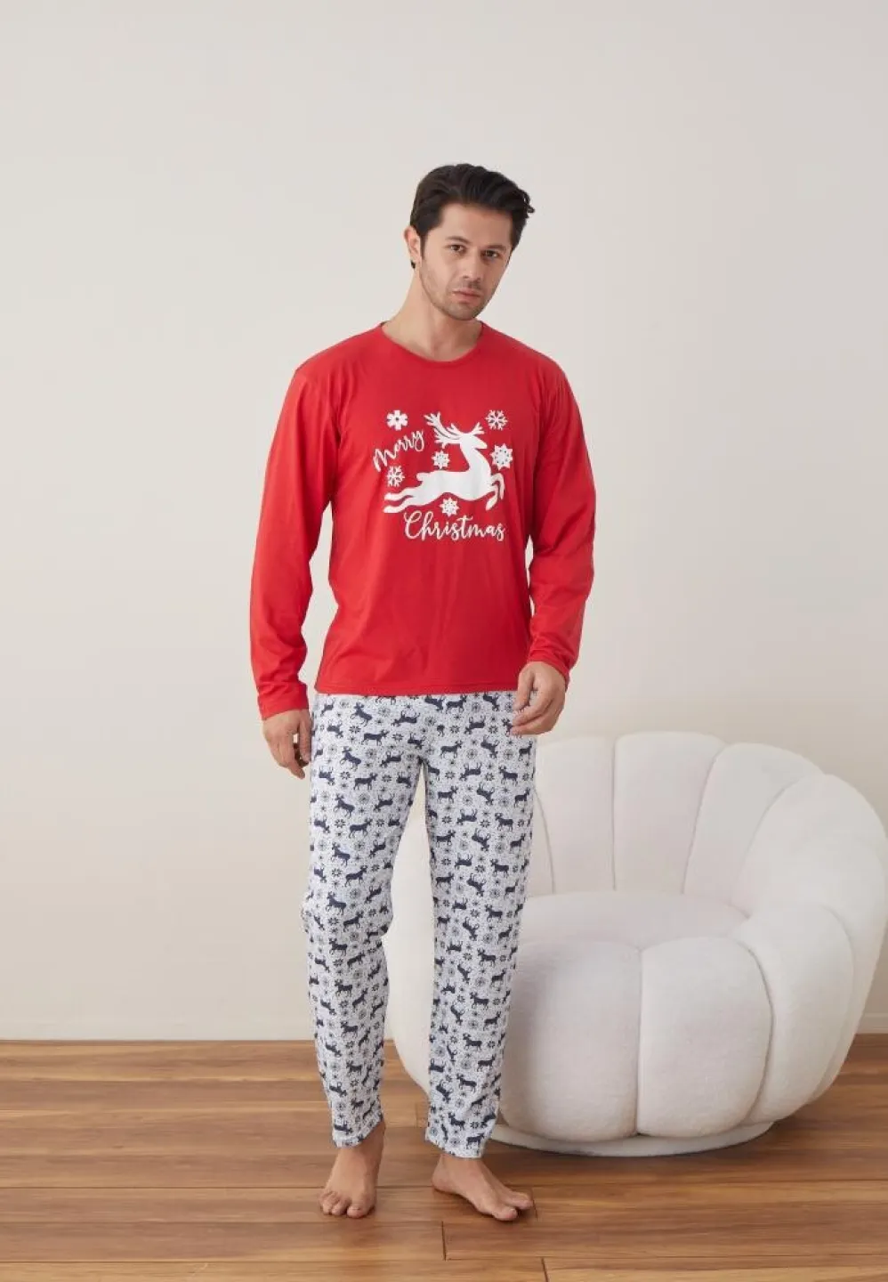 Pijama Crăciun Bărbați, Mânecă Lungă, Pantaloni Lungi, Roșu, Ren - 4