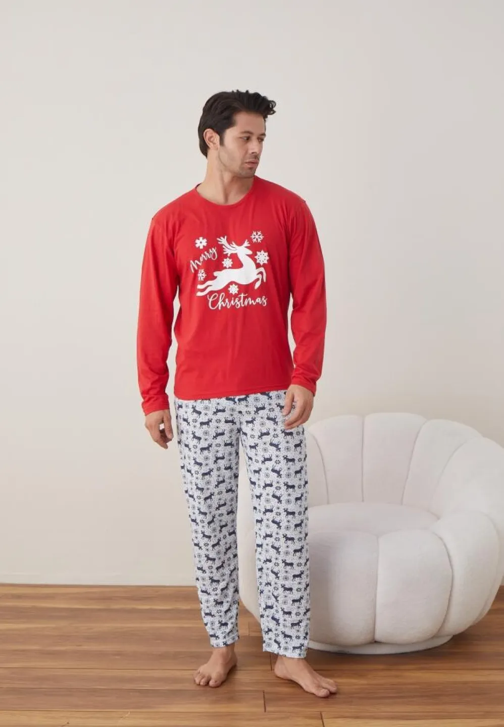 Pijama Crăciun Bărbați, Mânecă Lungă, Pantaloni Lungi, Roșu, Ren - 1