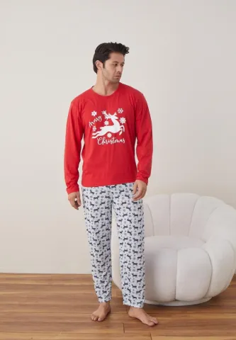 Pijama Craciun Barbat Pantaloni Lungi Maneca Lunga,Rosu,Ren
