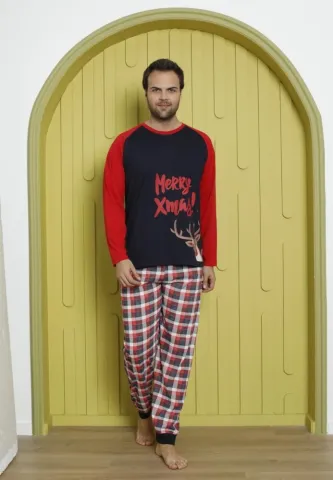 Pijama Craciun Barbat Pantaloni Lungi Maneca Lunga,Bleumarin,Meryy Xmas