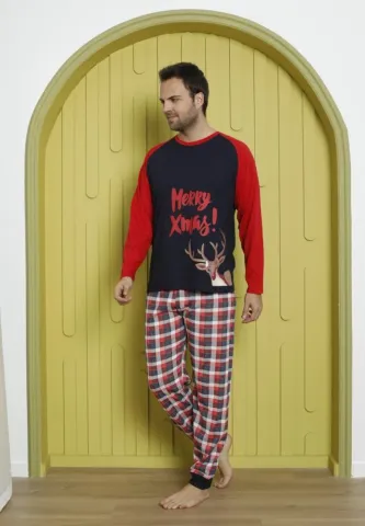 Pijama Craciun Barbat Pantaloni Lungi Maneca Lunga,Bleumarin,Meryy Xmas hover