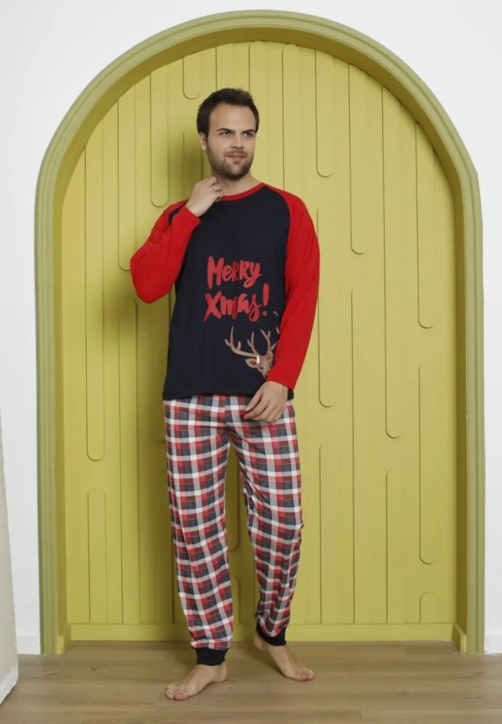 Pijama Crăciun Bărbați, Pantaloni Lungi, Mânecă Lungă, Bleumarin, Merry Xmas - 3