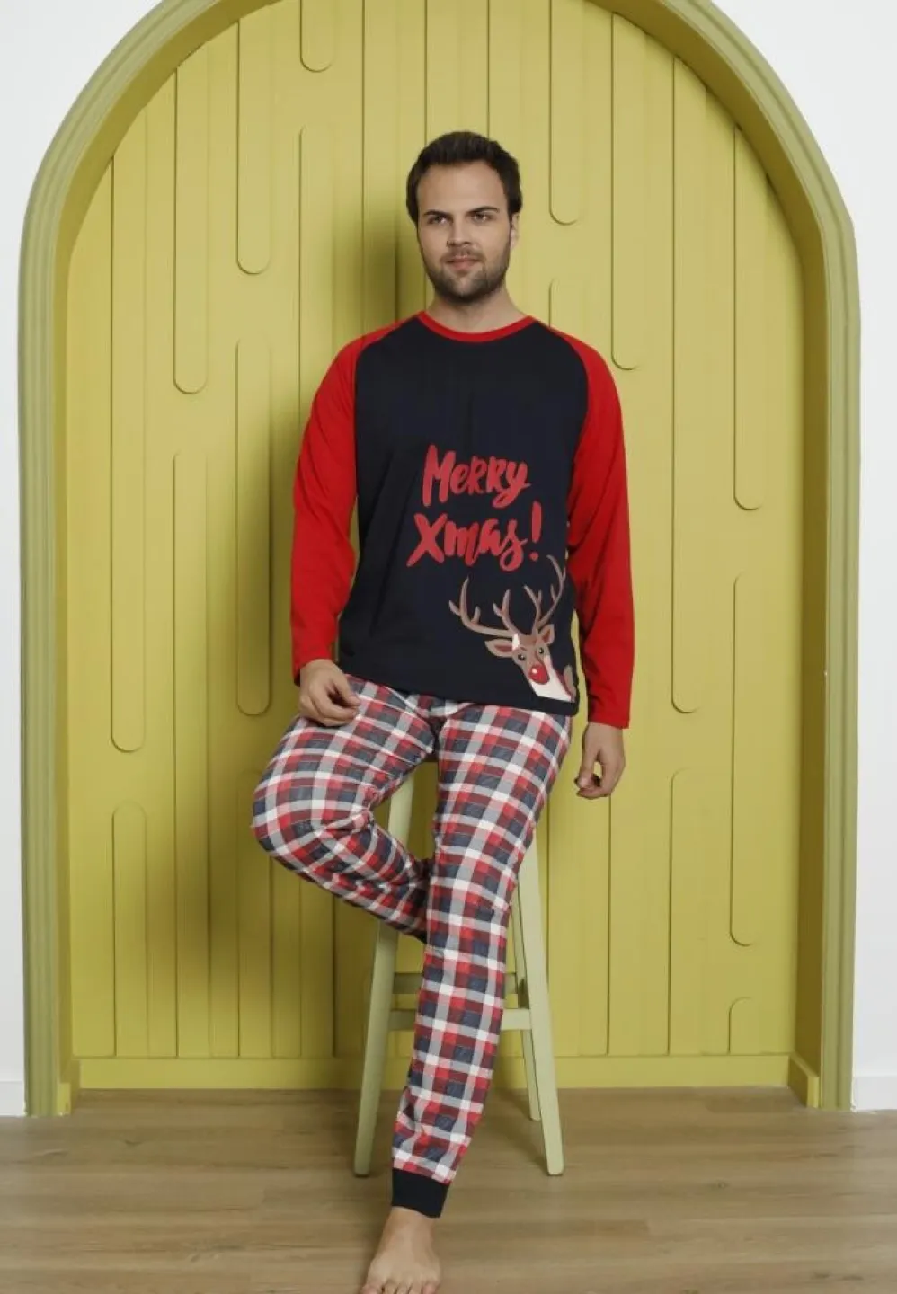 Pijama Crăciun Bărbați, Pantaloni Lungi, Mânecă Lungă, Bleumarin, Merry Xmas - 4