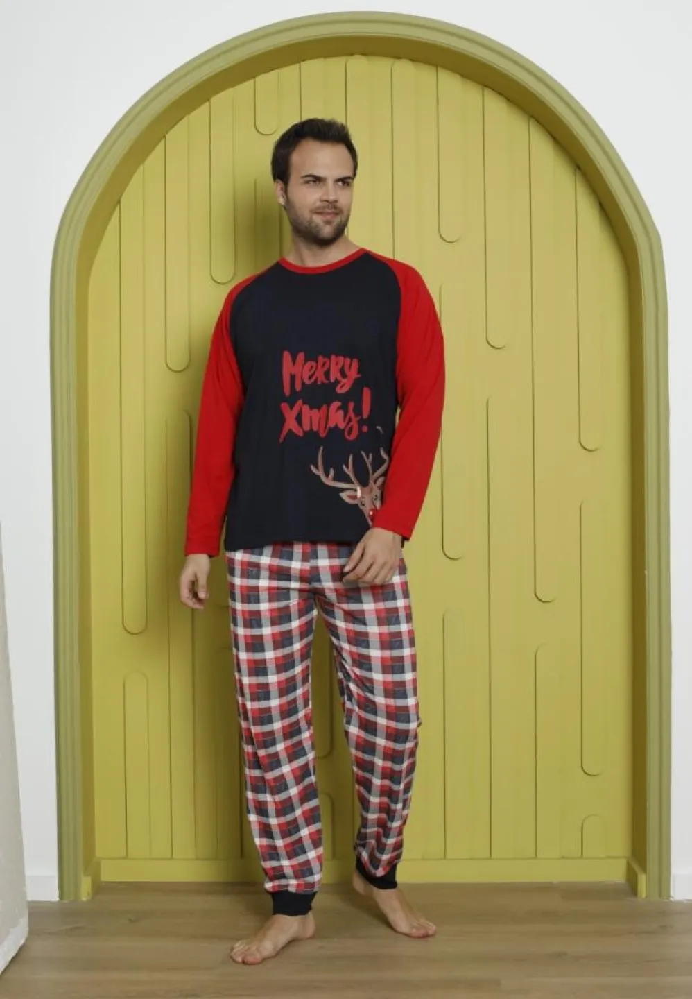 Pijama Crăciun Bărbați, Pantaloni Lungi, Mânecă Lungă, Bleumarin, Merry Xmas - 5
