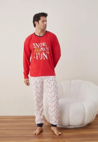 Pijama Craciun Barbat Pantaloni Lungi Maneca Lunga,Rosu,SNnow Much Fun