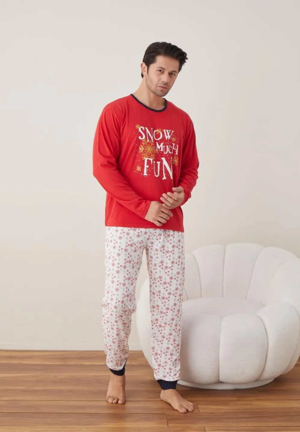 Pijama Crăciun Bărbați, Pantaloni Lungi, Mânecă Lungă, Roșu, Snow Much Fun - 2