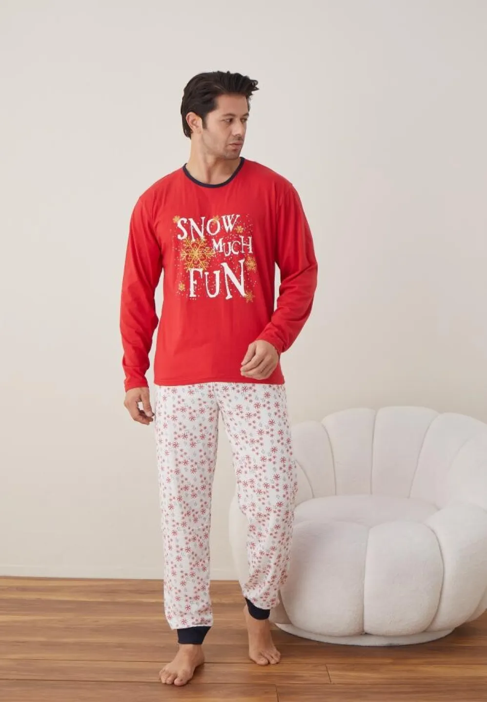 Pijama Crăciun Bărbați, Pantaloni Lungi, Mânecă Lungă, Roșu, Snow Much Fun - 3