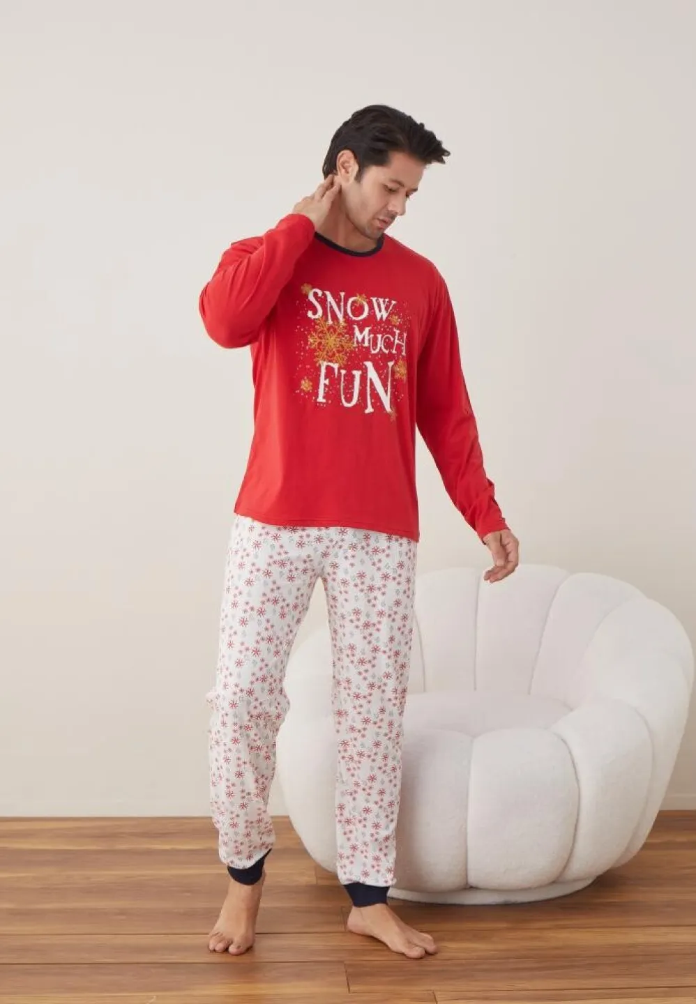 Pijama Crăciun Bărbați, Pantaloni Lungi, Mânecă Lungă, Roșu, Snow Much Fun - 5