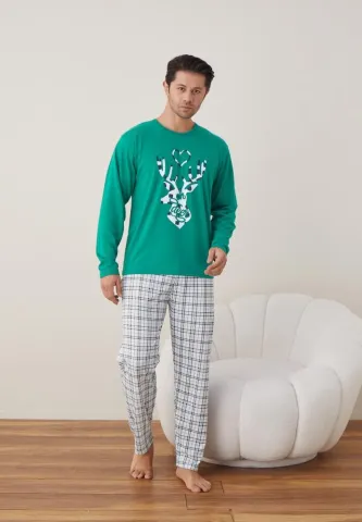 Pijama Craciun Barbat Pantaloni Lungi Maneca Lunga,Verde,Ren hover