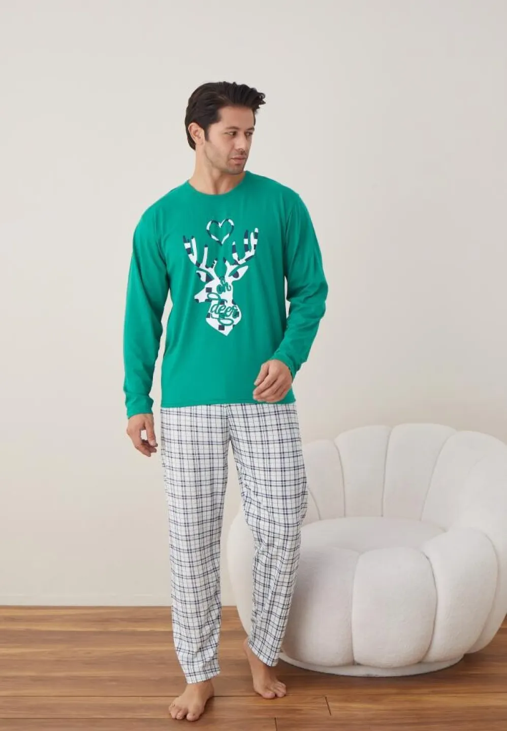 Pijama Crăciun Bărbați, Pantaloni Lungi, Mânecă Lungă, Verde, Ren - 3