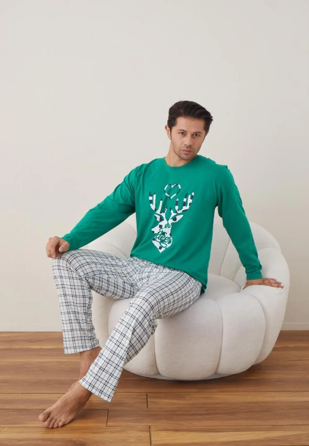 Pijama Crăciun Bărbați, Pantaloni Lungi, Mânecă Lungă, Verde, Ren - 4